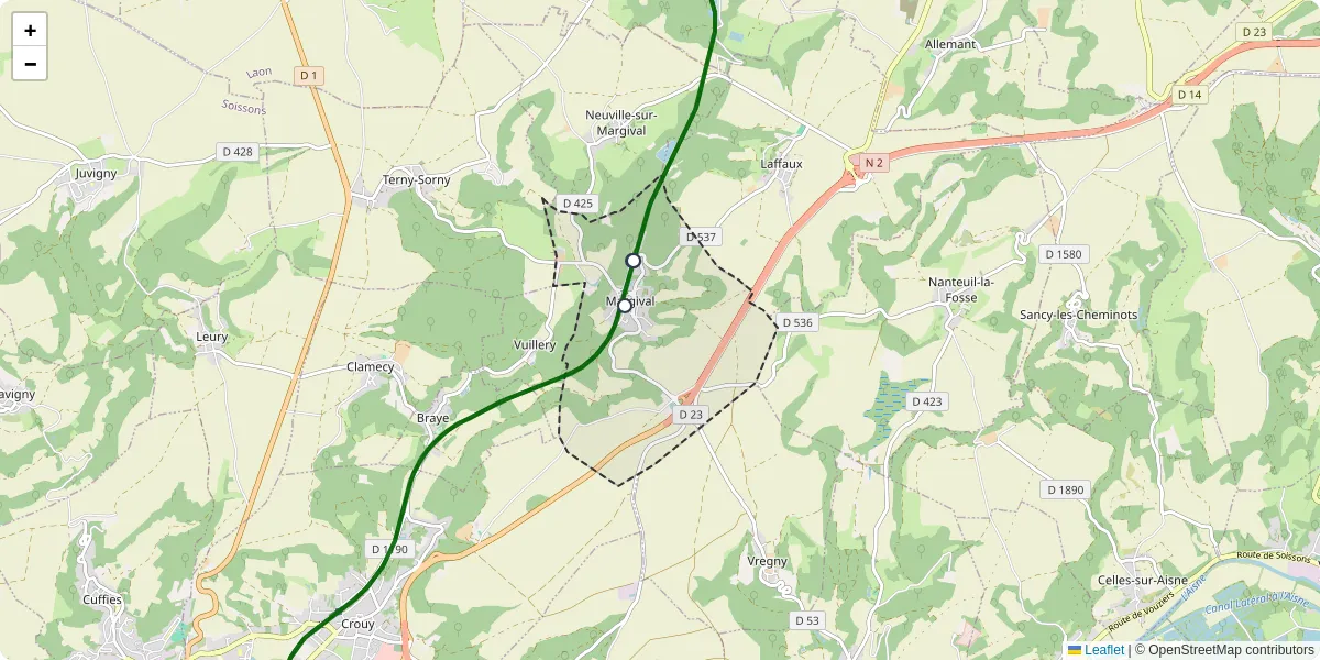 Carte du réseau de transport en commun à Margival - lignes de bus et arrêts