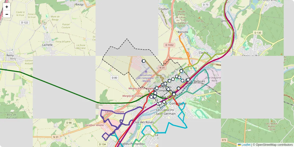 Carte du réseau de transport en commun à Margny-lès-Compiègne - lignes de bus et arrêts