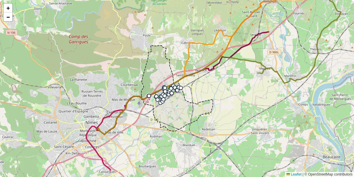 Carte du réseau de transport en commun à Marguerittes - lignes de bus et arrêts