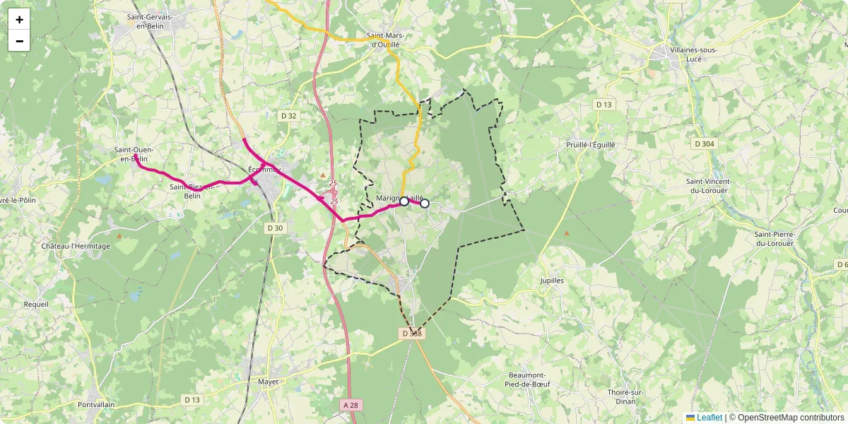 Carte du réseau de transport en commun à Marigné-Laillé - lignes de bus et arrêts