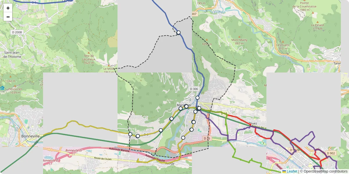 Carte du réseau de transport en commun à Marignier - lignes de bus et arrêts