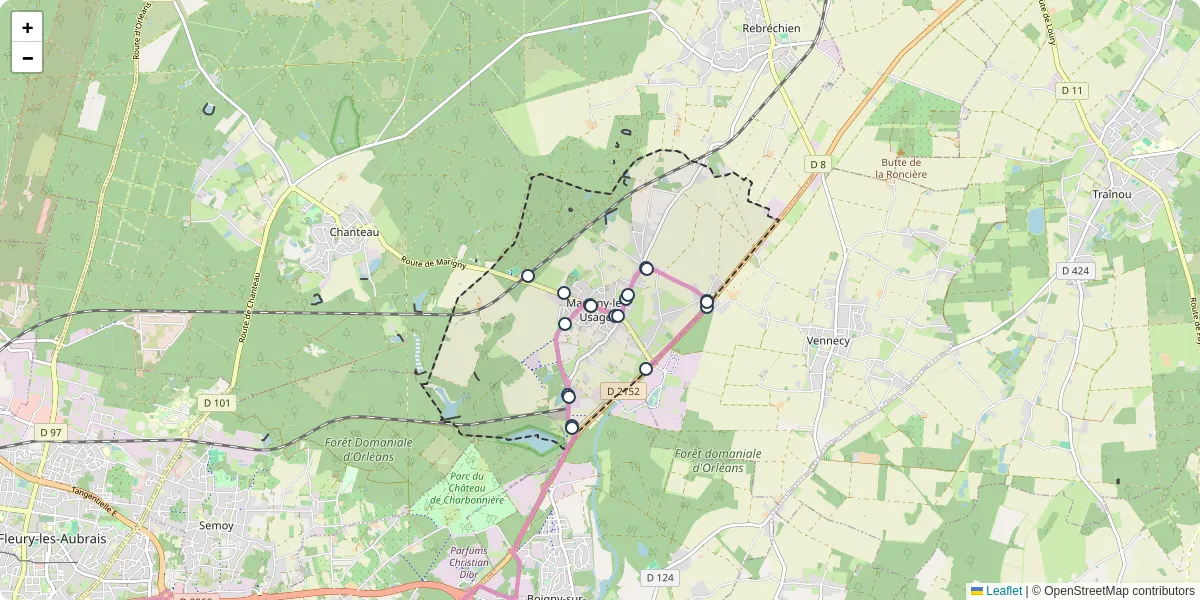 Carte du réseau de transport en commun à Marigny-les-Usages - lignes de bus et arrêts