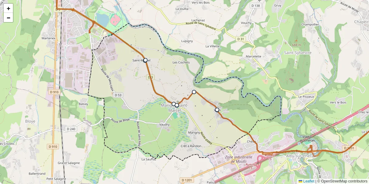 Carte du réseau de transport en commun à Marigny-Saint-Marcel - lignes de bus et arrêts
