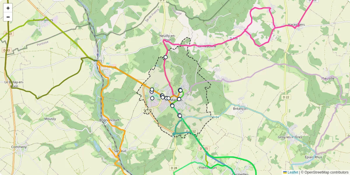 Carte du réseau de transport en commun à Marines - lignes de bus et arrêts