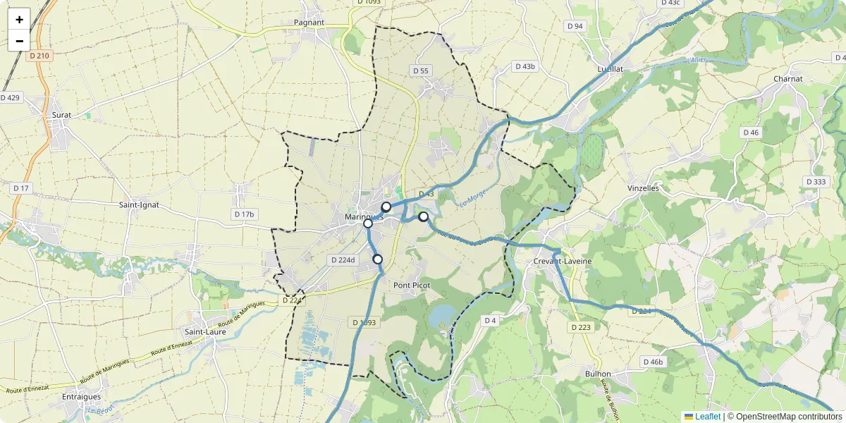 Carte du réseau de transport en commun à Maringues - lignes de bus et arrêts