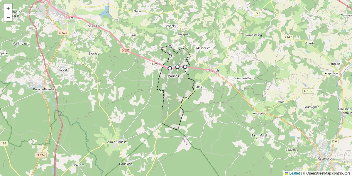 Carte du réseau de transport en commun à Marions - lignes de bus et arrêts
