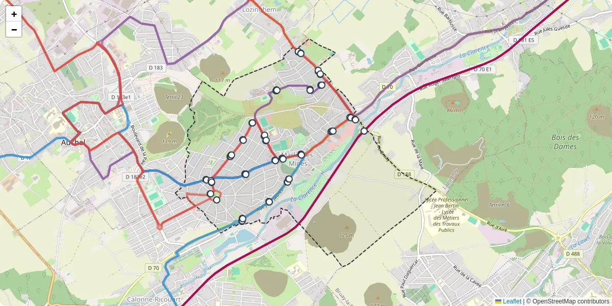 Carte du réseau de transport en commun à Marles-les-Mines - lignes de bus et arrêts