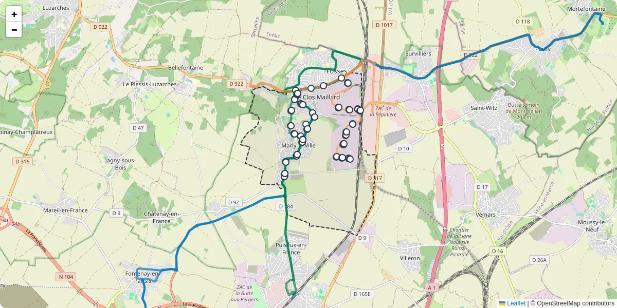 Carte du réseau de transport en commun à Marly-la-Ville - lignes de bus et arrêts