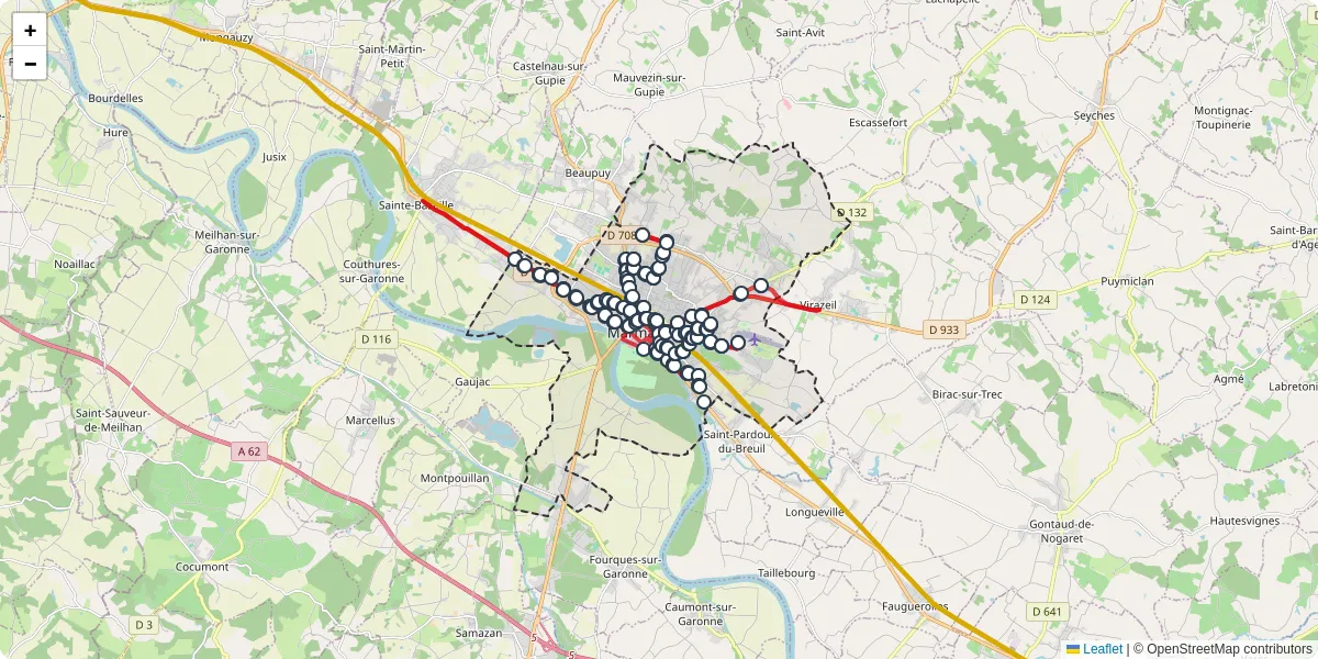 Carte du réseau de transport en commun à Marmande - lignes de bus et arrêts