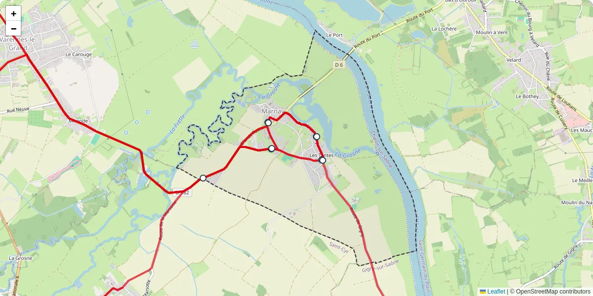 Carte du réseau de transport en commun à Marnay - lignes de bus et arrêts
