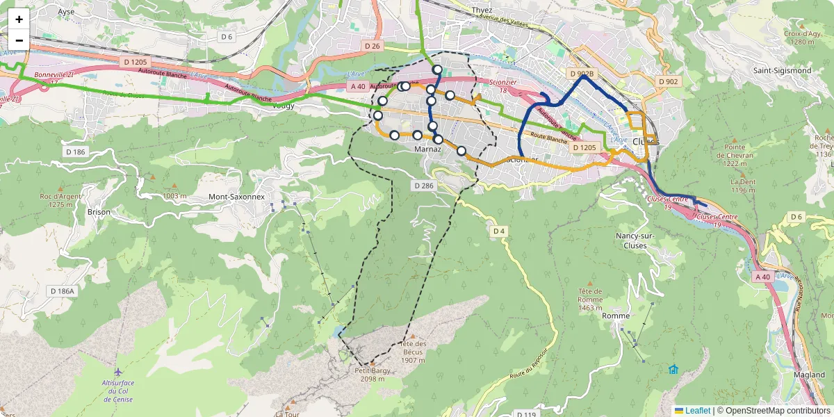Carte du réseau de transport en commun à Marnaz - lignes de bus et arrêts