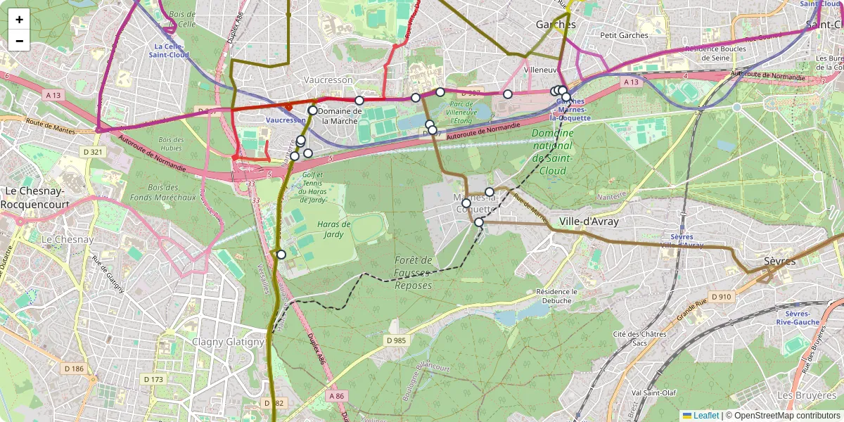 Carte du réseau de transport en commun à Marnes-la-Coquette - lignes de bus et arrêts