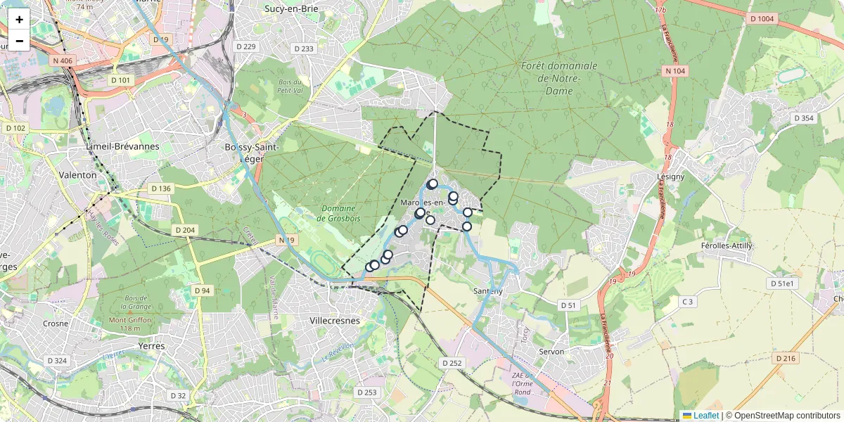 Carte du réseau de transport en commun à Marolles-en-Brie - lignes de bus et arrêts