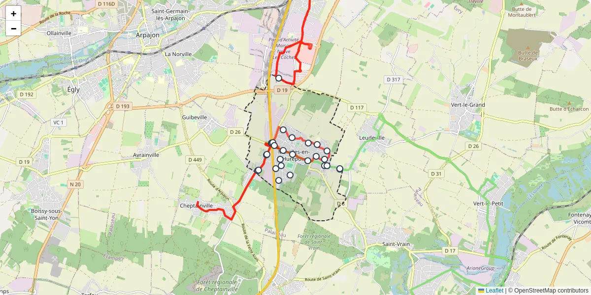 Carte du réseau de transport en commun à Marolles-en-Hurepoix - lignes de bus et arrêts