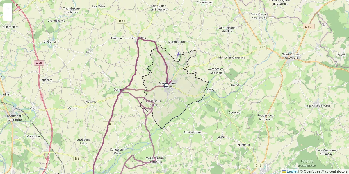 Carte du réseau de transport en commun à Marolles-les-Braults - lignes de bus et arrêts