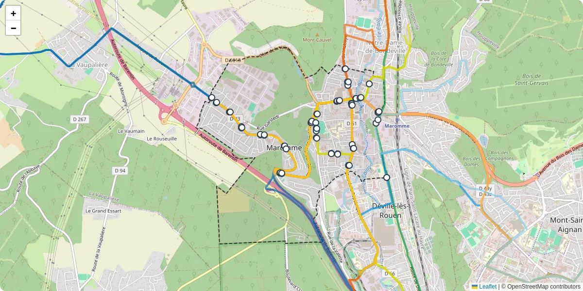 Carte du réseau de transport en commun à Maromme - lignes de bus et arrêts