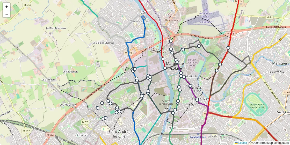 Carte du réseau de transport en commun à Marquette-lez-Lille - lignes de bus et arrêts