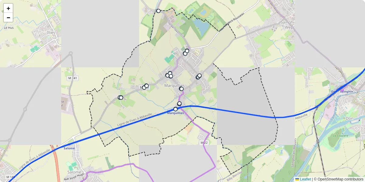 Carte du réseau de transport en commun à Marquillies - lignes de bus et arrêts