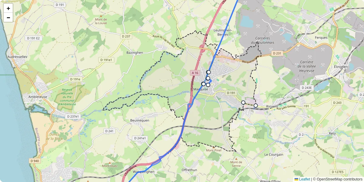 Carte du réseau de transport en commun à Marquise - lignes de bus et arrêts