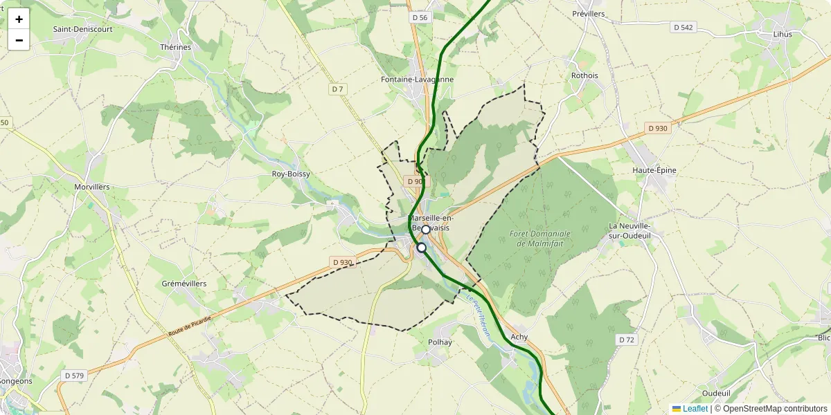 Carte du réseau de transport en commun à Marseille-en-Beauvaisis - lignes de bus et arrêts