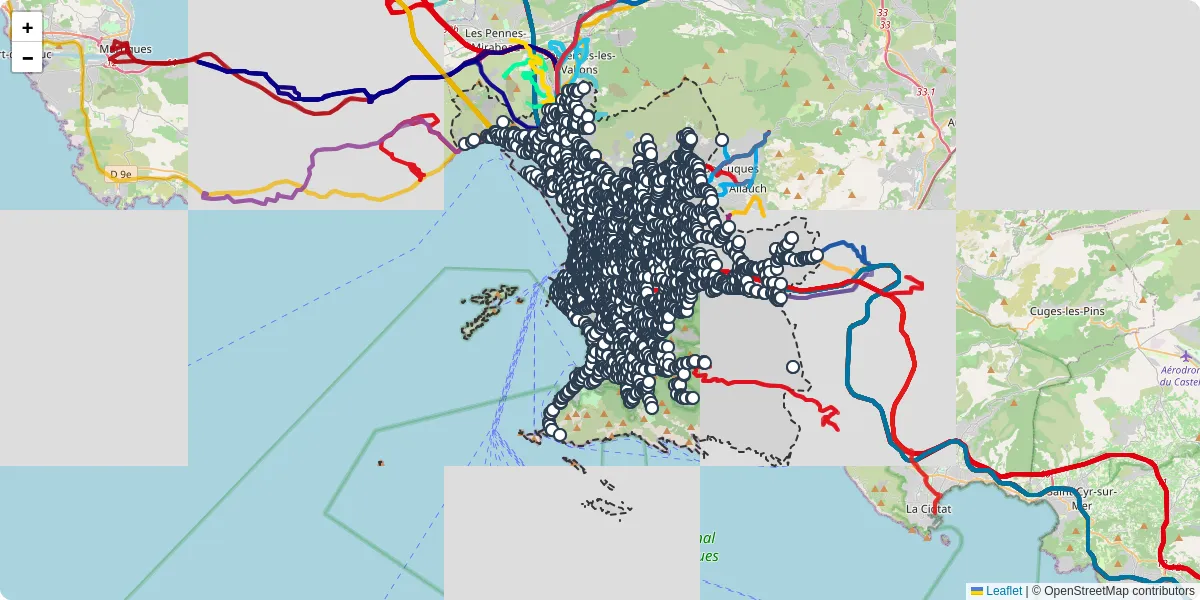 Carte du réseau de transport en commun à Marseille - lignes de bus et arrêts