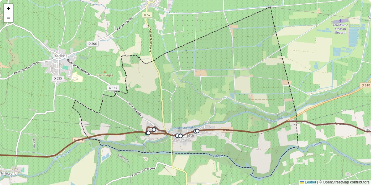 Carte du réseau de transport en commun à Marseillette - lignes de bus et arrêts