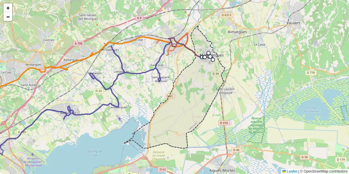 Carte du réseau de transport en commun à Marsillargues - lignes de bus et arrêts