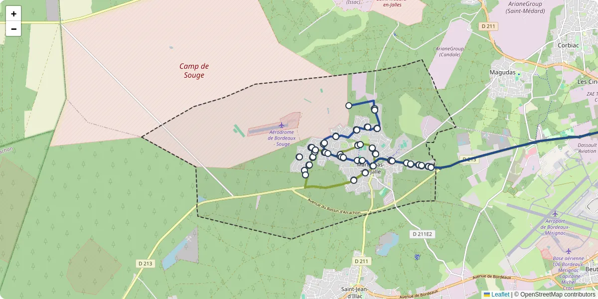 Carte du réseau de transport en commun à Martignas-sur-Jalle - lignes de bus et arrêts