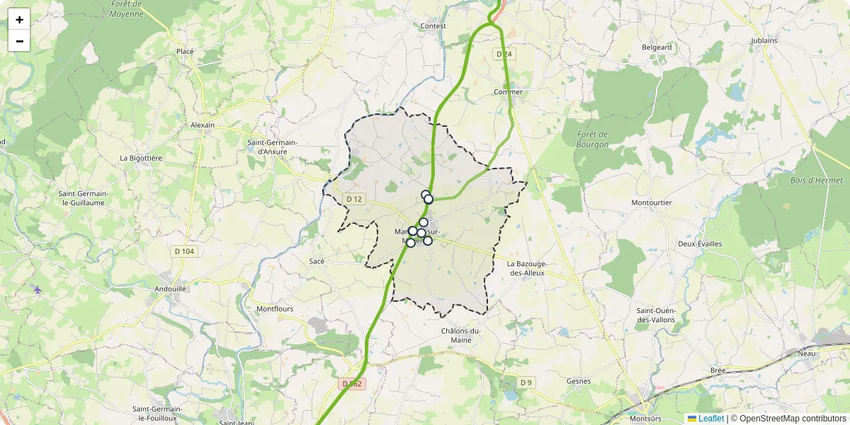 Carte du réseau de transport en commun à Martigné-sur-Mayenne - lignes de bus et arrêts