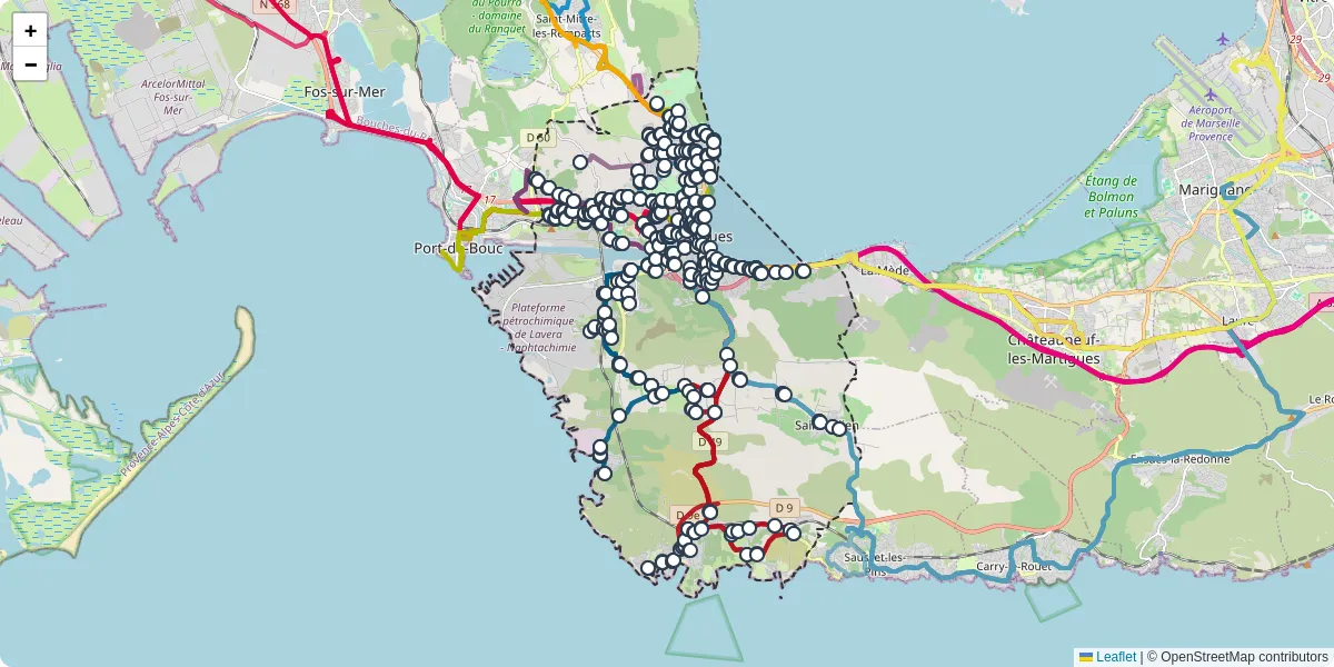 Carte du réseau de transport en commun à Martigues - lignes de bus et arrêts