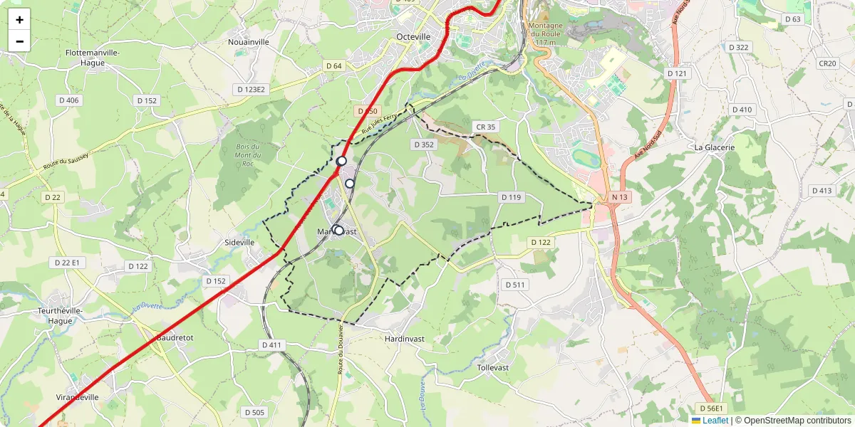 Carte du réseau de transport en commun à Martinvast - lignes de bus et arrêts