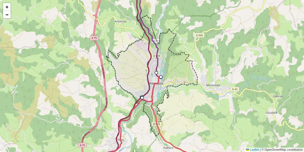 Carte du réseau de transport en commun à Marvejols - lignes de bus et arrêts