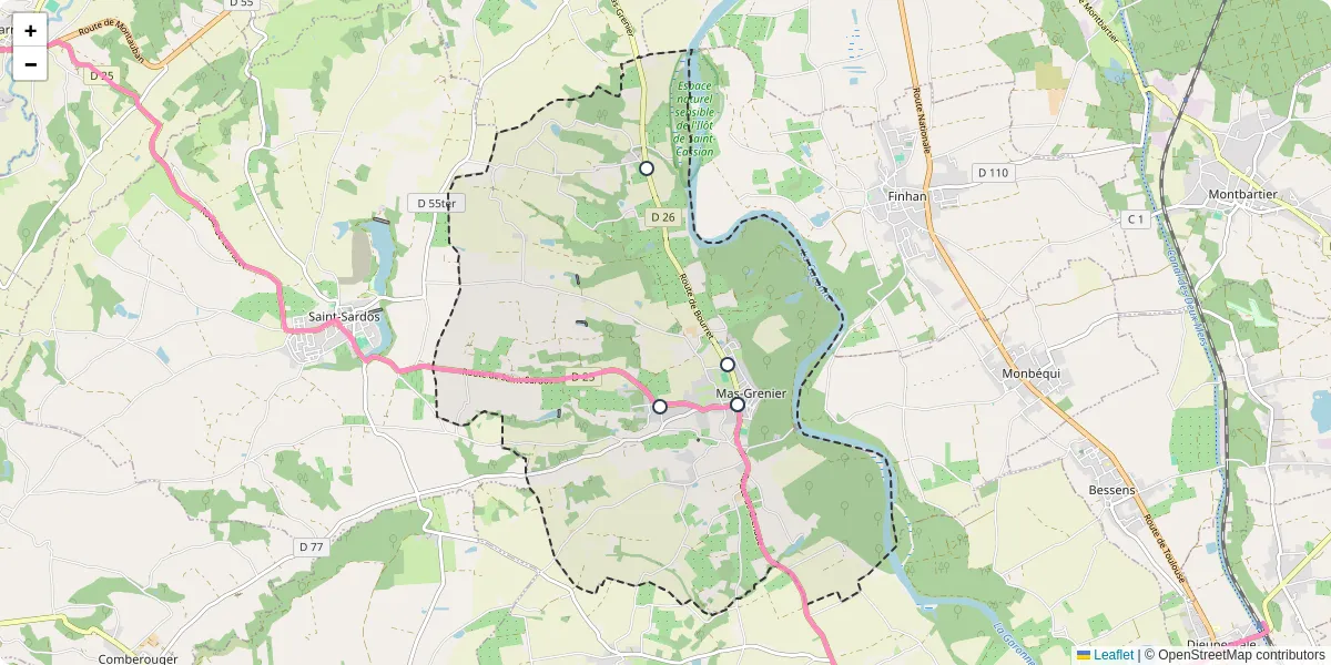 Carte du réseau de transport en commun à Mas-Grenier - lignes de bus et arrêts