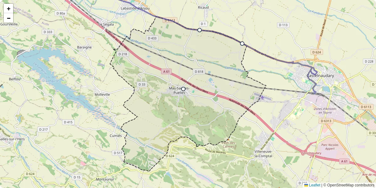 Carte du réseau de transport en commun à Mas-Saintes-Puelles - lignes de bus et arrêts
