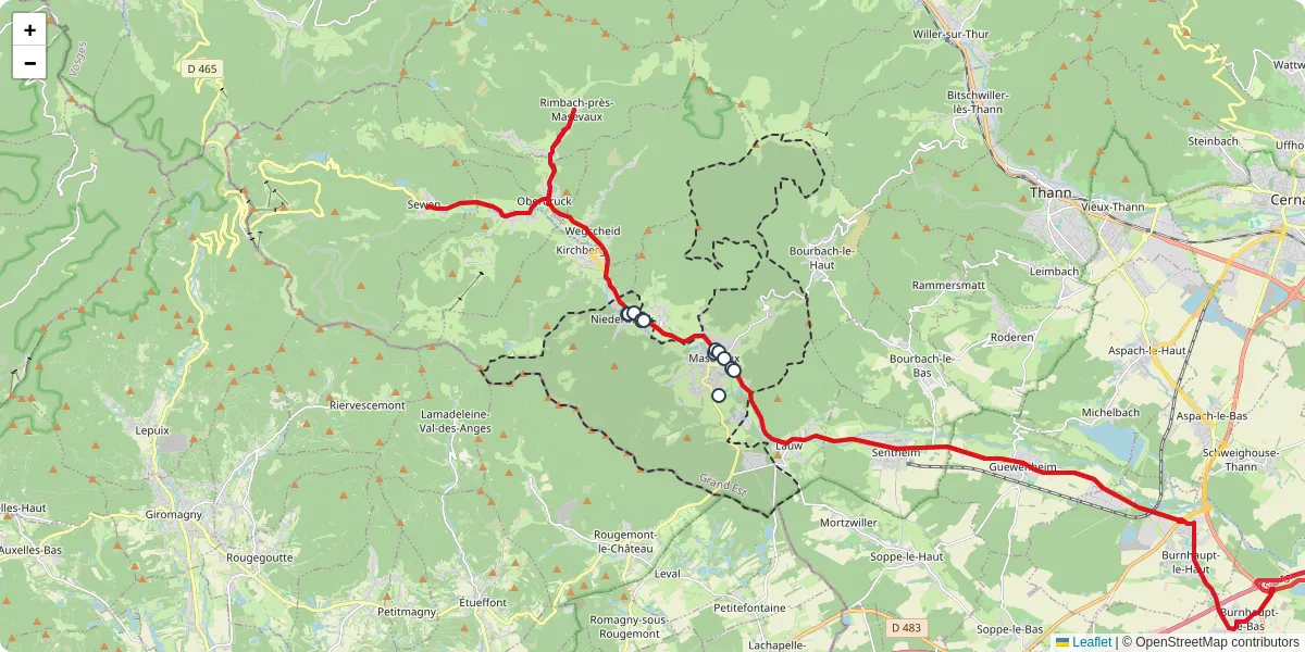 Carte du réseau de transport en commun à Masevaux-Niederbruck - lignes de bus et arrêts