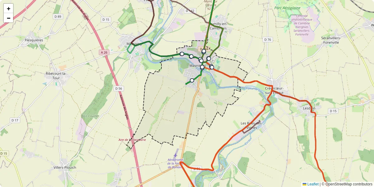 Carte du réseau de transport en commun à Masnières - lignes de bus et arrêts