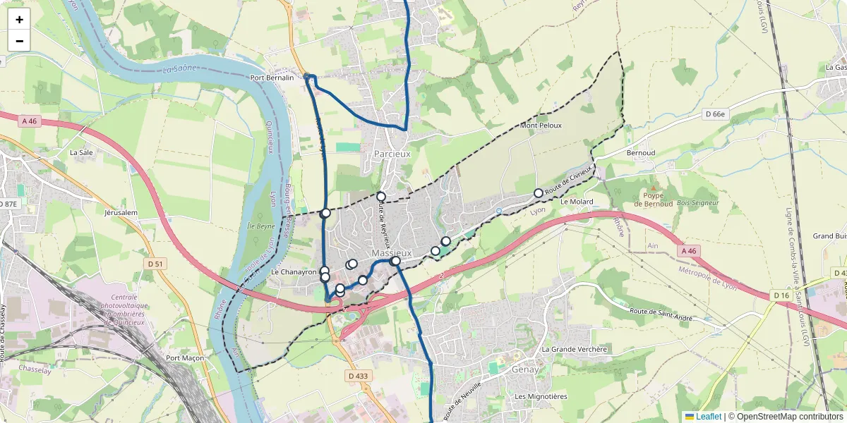Carte du réseau de transport en commun à Massieux - lignes de bus et arrêts