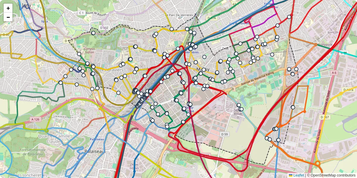 Carte du réseau de transport en commun à Massy - lignes de bus et arrêts