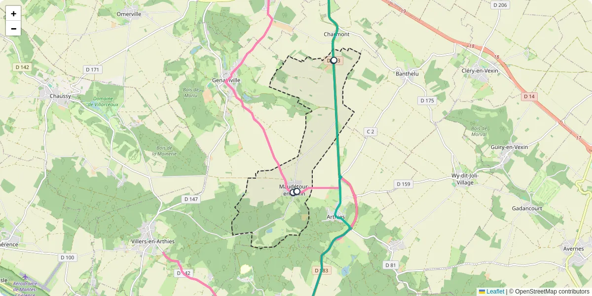 Carte du réseau de transport en commun à Maudétour-en-Vexin - lignes de bus et arrêts