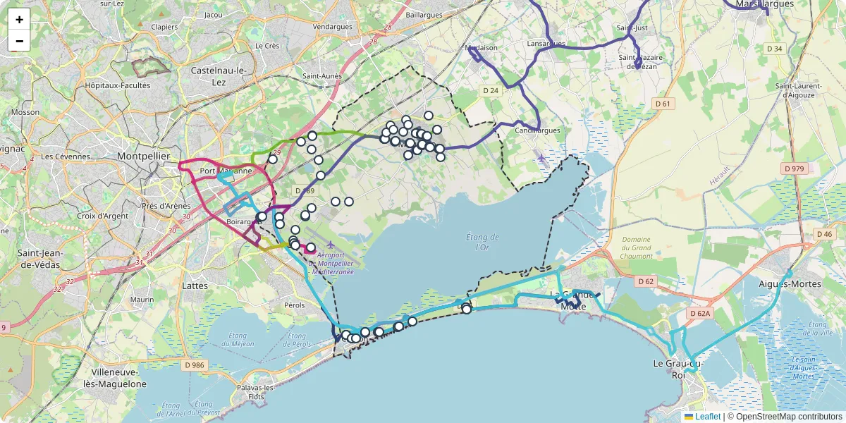 Carte du réseau de transport en commun à Mauguio - lignes de bus et arrêts