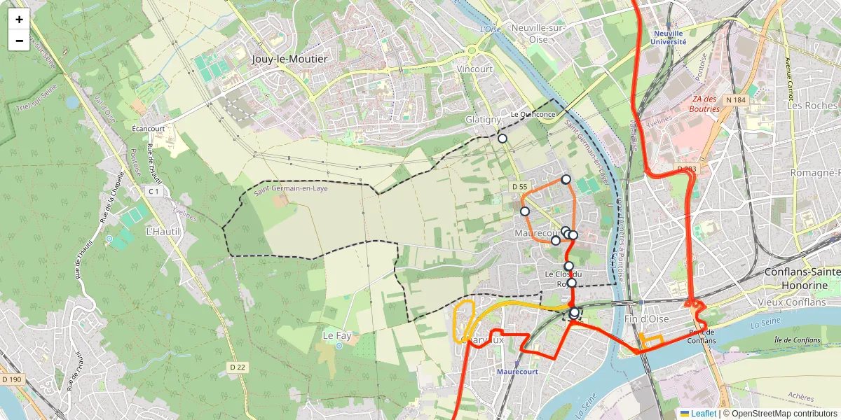 Carte du réseau de transport en commun à Maurecourt - lignes de bus et arrêts