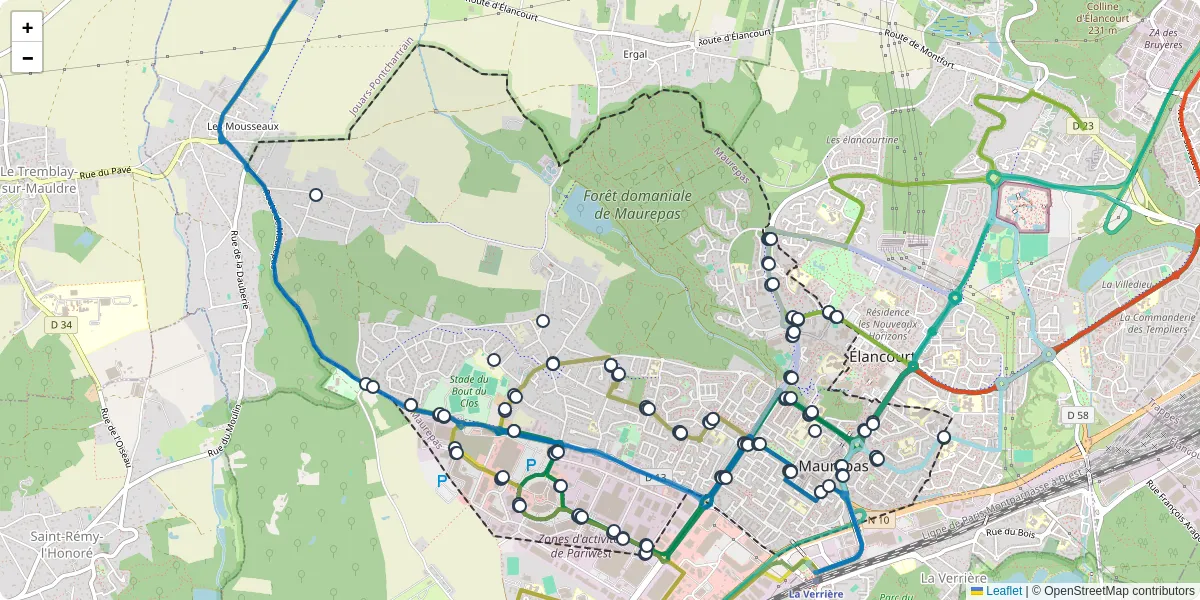 Carte du réseau de transport en commun à Maurepas - lignes de bus et arrêts