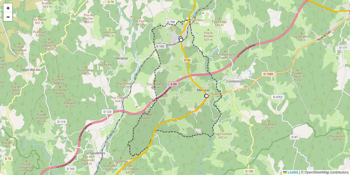 Carte du réseau de transport en commun à Maussac - lignes de bus et arrêts