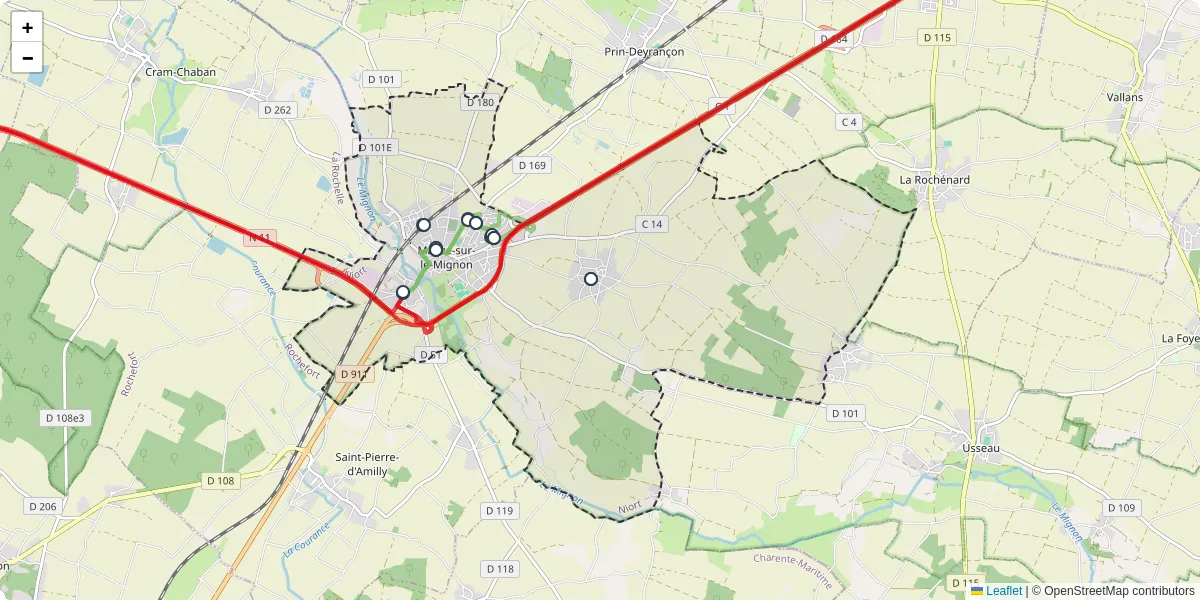Carte du réseau de transport en commun à Mauzé-sur-le-Mignon - lignes de bus et arrêts