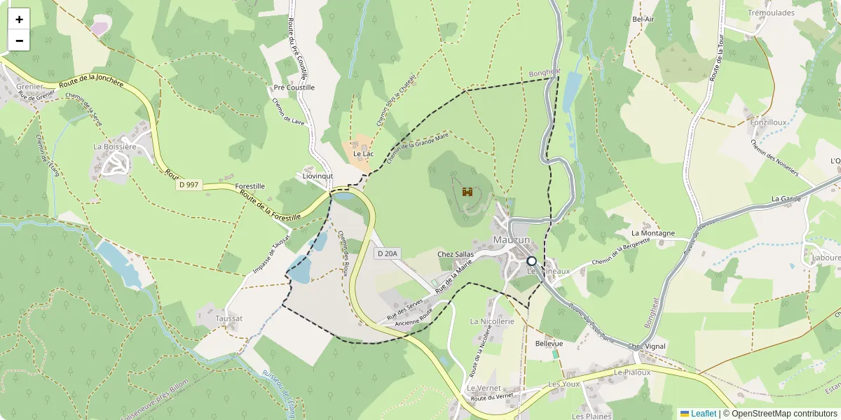 Carte du réseau de transport en commun à Mauzun - lignes de bus et arrêts