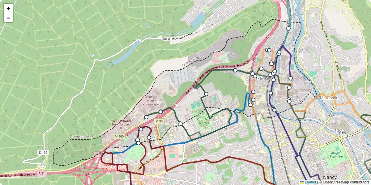 Carte du réseau de transport en commun à Maxéville - lignes de bus et arrêts