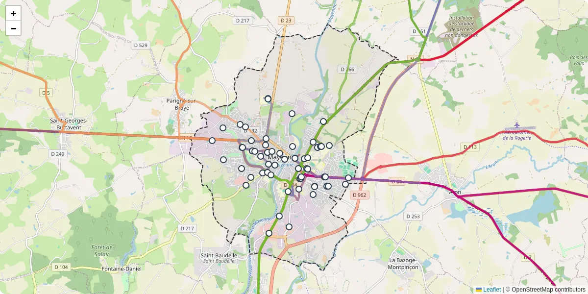 Carte du réseau de transport en commun à Mayenne - lignes de bus et arrêts