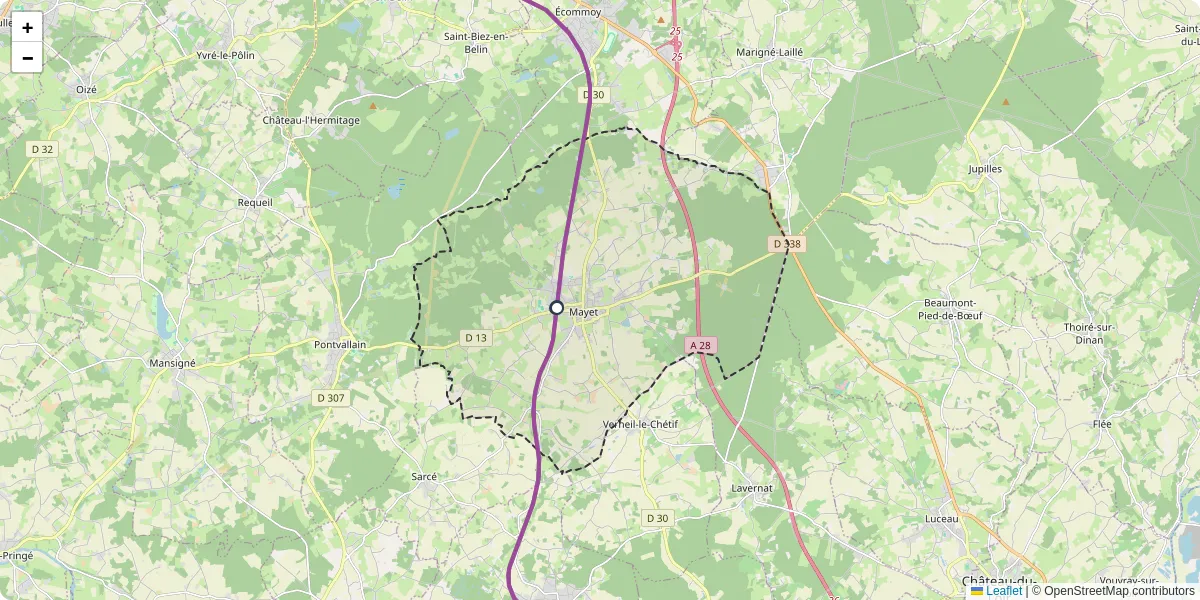 Carte du réseau de transport en commun à Mayet - lignes de bus et arrêts