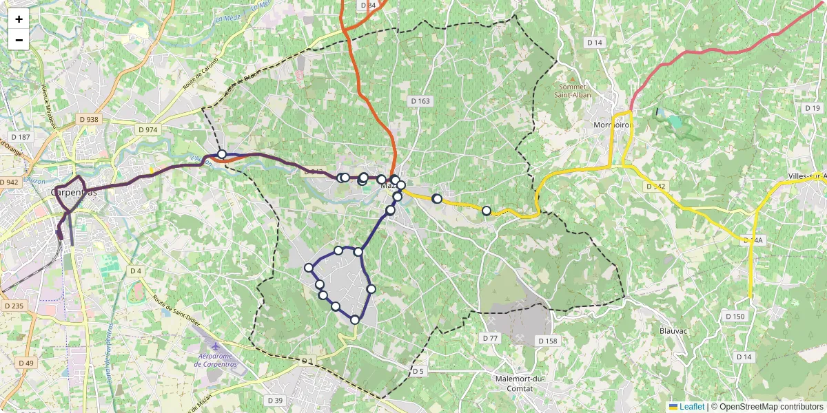 Carte du réseau de transport en commun à Mazan - lignes de bus et arrêts