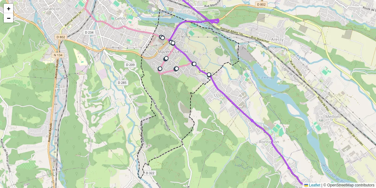 Carte du réseau de transport en commun à Mazères-Lezons - lignes de bus et arrêts